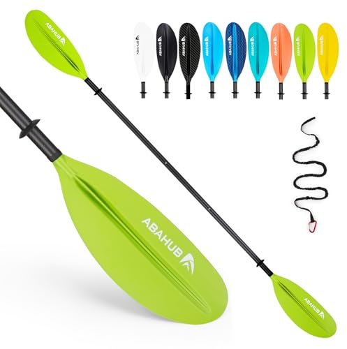 Abahub Carbon Kajak Paddel 230cm/ 220 bis 240cm Verstellbar mit Paddelleash für Kajakfahren Ruderboot Kanusport, Carbonschaft Kunststoffblatt Schwarz/Weiß/Blau/Grün/Orange/Gelb/Türkis