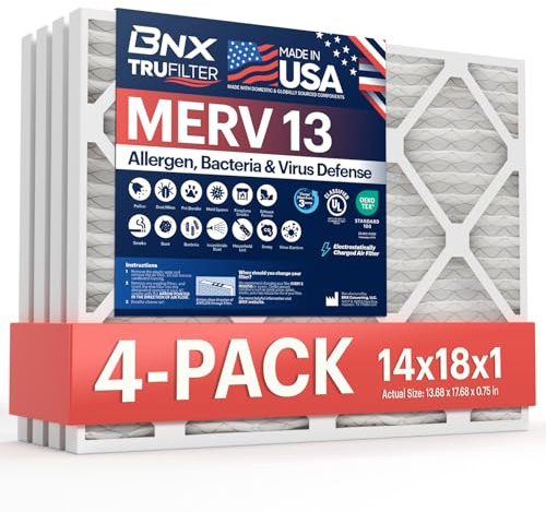 BNX TruFilter 14 x 18 x 1 MERV 13 (4er-Pack) AC-Luftfilter – hergestellt in den USA – elektrostatisch plissierte Klimaanlage, HVAC AC Ofenfilter – entfernt Pollen, Schimmel, Bakterien, Rauch