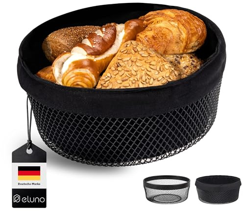 eluno Obstkorb - Brotkorb, praktische moderne Obstschale aus schwarzem Metall mit abnehmbarem waschbarem Bezug - für Obst, Gemüse, Brot und Snacks Ø ca. 25 x 11 H cm