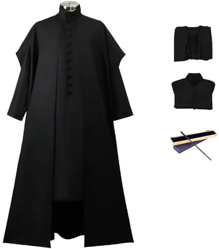 Foanja Snape Kostüm Herren Magische Akademie Zauberer Severus Snape Uniform Anzug Tunika und Futter mit Zauberstab für Halloween Karneval Geburtstag Party Maskerade Fancy Verkleidung Costume, Schwarz