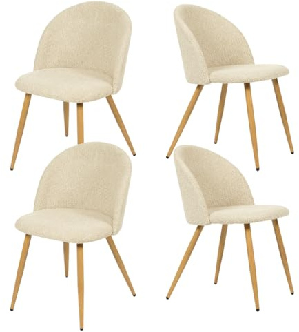 FurnitureR Set om 4 mjuka och bekväma matstolar, beige chenille-tyg med metallben, vardagsrumsstolar av snäckskal för kök och matsal