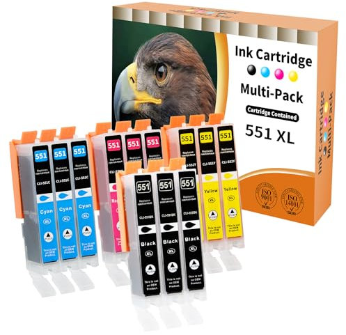 12x 551XL Druckerpatronen Kompatibel für Canon CLI-551 Schwarz CLI-551 Cyan 551 Magenta 551 Gelb für Pixma iP7200 iP7250 MX925 iP8750 MX725 MG5550 MG5650 MG6350 MG6450 MG7550