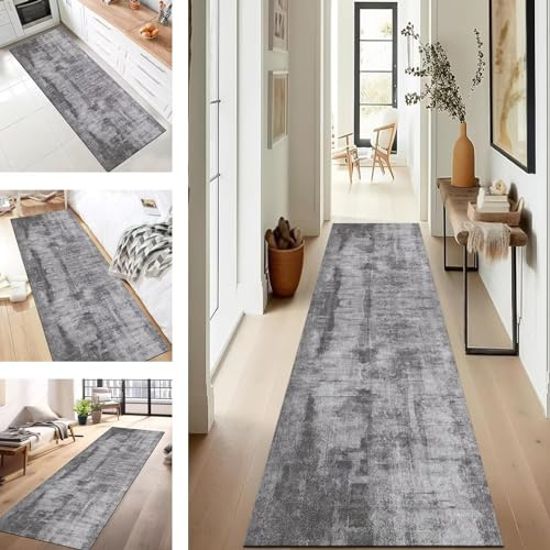 SUCERU Teppich Läufer Lang Flur Küche rutschfest Waschbar Küchenläufer 50X180CM Grau Modern Teppichmatten Polyester Korridor Teppichläufer Flur Wohnzimmer Schlafzimmer Schmutzfangmatte Küchenteppich