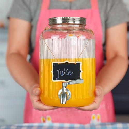 Lomejii Jarra de cristal para bebidas de 3,8 litros con grifo, de acero inoxidable, para agua, zumo, té del sol, cerveza Kombucha y otros dispensadores de bebidas, vino, transparente, fiesta