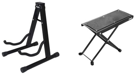 KEPLIN Gitarrenständer A Rahmen, faltbar, universell passend für alle Gitarren akustisch, elektrisch, Bass, Ständer A (Gitarrenständer). & Adam Hall Stands SGS017 Gitarrenfußbank, Schwarz