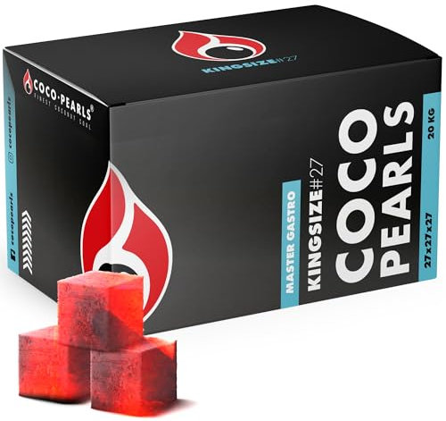 COCOPEARL Kokos Kohle, 100% Natürliche Kokosnuss Kohle, Brenndauer Bis 90 min, Kein Geschmack Naturkohle, Ideal für BBQ und Grillkohle, Umweltfreundlich (KingSize27, 1kg - 27mm)