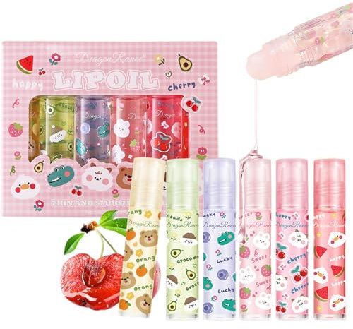 Sitovely Lot de 6 gloss à lèvres roller, saveurs fruitées, huile nourrissante, baume à lèvres hydratant, texture fraîche, maquillage transparent (transparent, M)