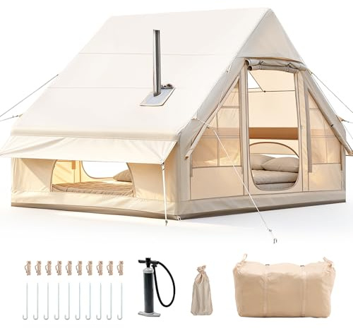 Afitdon Inflatable Camping Tent with Fireplace Opening and Skylight, 2-4 Person, Waterproof Oxford Fabric, Quick Assembly
