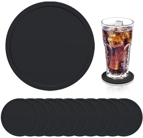 12 Stück Silikon Untersetzer, Glas Untersetzer, Untersetzer Gläser, Silikon Untersetzer, Getränkeuntersetzer, Rund Glasuntersetzer Schwarz für Getränke, Bar, Tassen, Gläser (Schwarz)