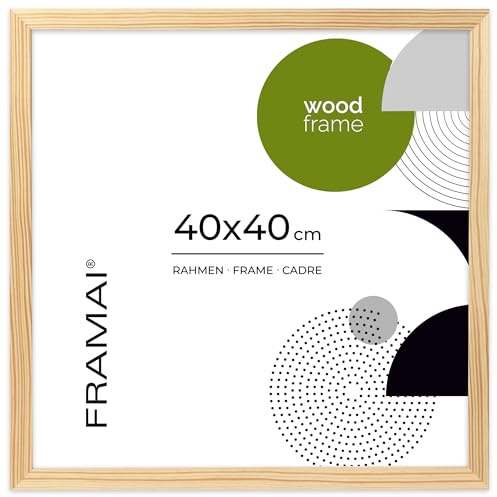 FRAMAI Bilderrahmen 40x40 cm, Natürlich, Natur Holz Rahmen, Echtholz Bilderrahmen, Rahmen mit Bruchsicheren Plexiglas, Aufhänger und Aufsteller