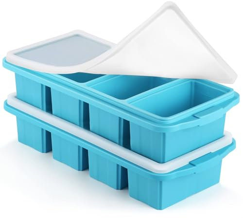 Theuwnee 2-Pack Silicone Freezer Tray with Lid - Soup Freezer Container molds - Large Ice Cube Tray- Makes 8 Perfect 1 Cup portions Cubes, Freezer Storage Food Soups & Meal Prep (Blue)
