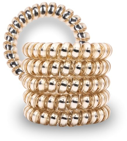 Specora-Classic Spiral Haargummi Gold – 5 cm – 5er Pack – TPU – Telefonkabel Zopfgummi – Ohne Ziepen & Verheddern – Keine Knicke – Haarschonend