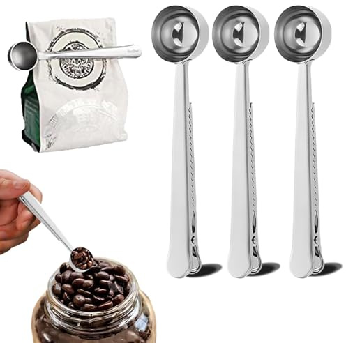 3 Stück Kaffeelöffel Portionierer, Messlöffel Dosierlöffel 15g, Kaffeelöffel Edelstahl mit Klammer, Kaffeedosierlöffel, Kaffeeportionierer, Portionierlöffel für Kaffeebohnen, Tee (Silber)