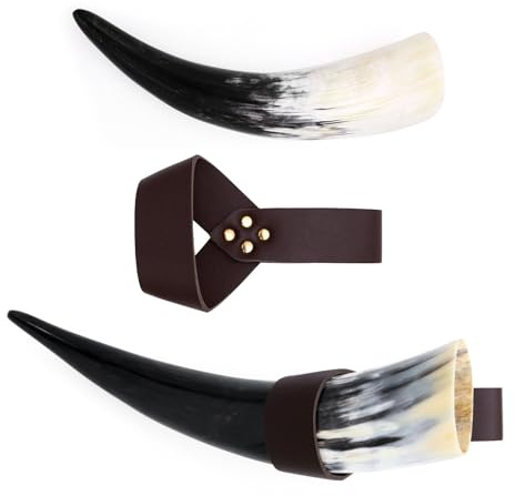 YIZITU Lot de 2 tasses Vikinges en forme de corne à boire avec étui en cuir - Tasse à bière médiévale Renaissance - Costume d'Halloween et cosplay