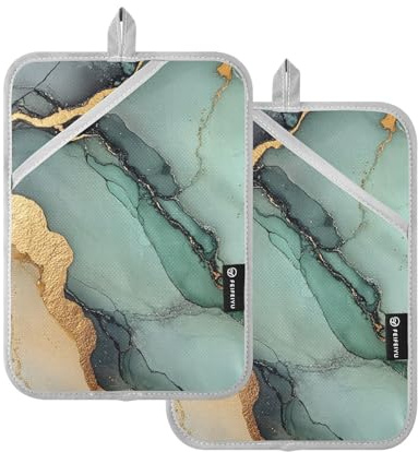 KLL Pot Holders Kitchen, 2 Pack Heat Resistant Potholders with Pocket Hot Pan Holder Oven Mitts, Marble Green Gray