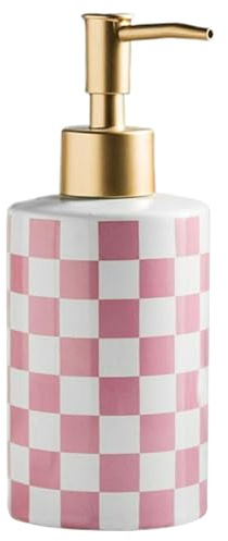 Distributeur de Savon 300 ML en céramique, Distributeur de Savon pour Les Mains à Motif à Carreaux avec Pompe dorée, Bouteille Lotion Rechargeable pour Cuisine, Salle Bain, décoration compto