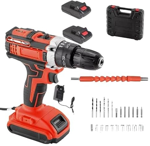 21V Cordless Hammer Drill Set, 65Nm High Torque 3-in-1 Electric Impact Driver & Screwdriver Kit with 2X 1.5Ah Li-ion Batteries, Dual Speed Compact Power Tool with Built-in LED Working Light