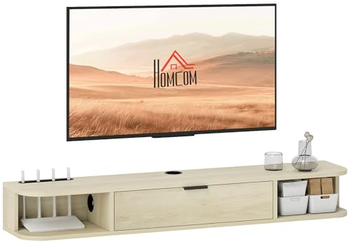 HOMCOM Mueble de TV Suspendido, Mueble de TV para Salón con Cajón Abatible, 2 Estantes Abiertos, Gestión de Cables, Estilo Moderno, para Televisión 50 Pulgadas, 120x24x16 cm, Madera Natural