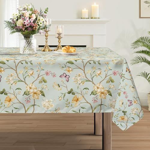 hometrixx Tovaglia Quadrata Estiva Fiori Foglie Farfalle Verde 140x140cm | Tovaglie Antimacchia, Impermeabile Poliestere, Facile da Pulire, Lavabile in Lavatrice Copritavolo, per Cucina Sala da Pranzo