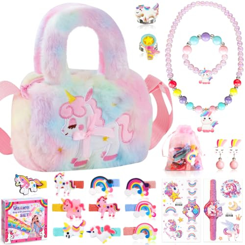 BBLTIFF Licorne Sac a Main Bijoux Enfants Fille, Sac Licorne avec Ensemble de Bijoux, Licorne Jouet Fille, Bijoux Enfants Fille 3-9 Ans, Sac Licorne avec Pince à Cheveux, Bracelet, Collier, Bague