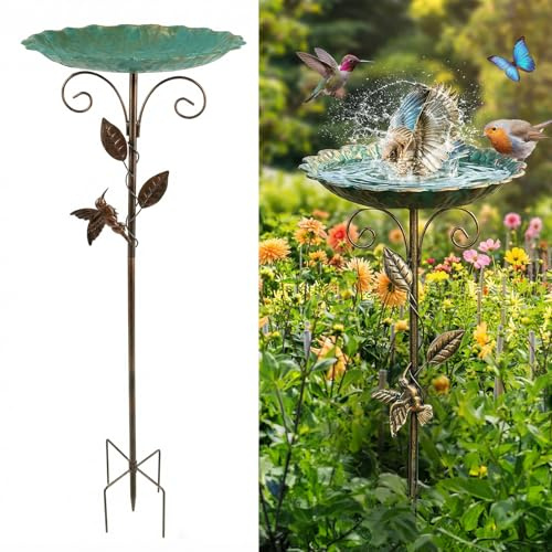 lameico Metall Vogeltränke Stehend, 30inch Schale Wasserstelle Stehend mit Stabiler 5-Zinken-Basis,Blätter Statue Vogelbad für den Bienen, Vögel, Garten, Grün