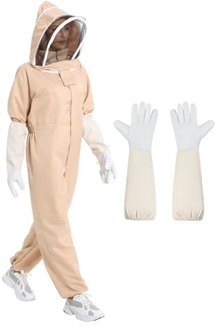 Imkeranzug | Imkeranzug Herren | Imkeranzug Damen | Bienenanzug für Herren | Bienenschutzkleidung | Imker Kostüm | Ganzkörper Schutzanzug Unisex Weiß, Kapuze & Handschuhe (M)