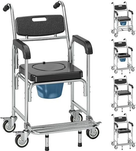 HOMCOM 3-in-1 Shower Commode Wheelchair, FSA/HSA Eligible Transport Beside Commode Chair, Waterproof Rolling Over Toilet Chair 330 lbs. Weight Capacity with Padded Seat, Black