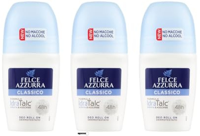 Felce Azzurra Classico Deo Roll On, IdraTalc Formula 48h Efficacia Senza Alcool 50ml Confezione da 3 + Italy Shop Portachiavi Gratis