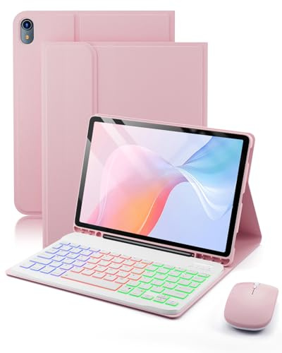 for iPad A16 11th Generation (2025) 11-inch/ iPad 10th Generation (2022) 10.9-inch Case ,with Wireless Bluetooth British Layout Tri-color Keyboard (QWERTY) and Mouse, Magnetic Design Detachable，Pink