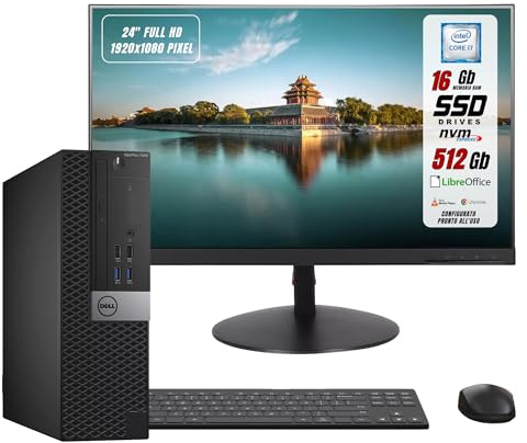 Postazione Completa Pc Desktop Dell Pronto All'Uso Intel i7-6700 4 Core 3.4Ghz, Ram 16Gb, SSD 512 Gb, Monitor 24 FHD, Windows 11, Libre Office, Compreso di Mouse e Tastiera (Ricondizionato)