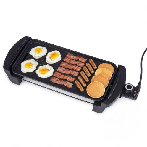 LIFEZEAL Piastra Elettrica (38 x 18 cm|1600W|A una faccia) | Piastra Grill Elettrica con Temperatura Regolabile, Raccogli-grasso Rimovibile e Manici Antiscottatura, Antiaderente