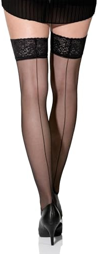 Yenita Halterlose Strümpfe mit Spitze 15 Den (1 oder 2 Paar) Nylonstrümpfe mit Rücknaht Strapsstrümpfe