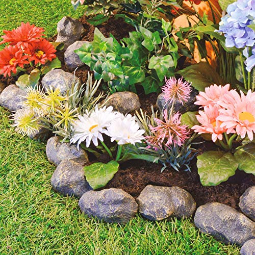 14pc Stone Effect Garden Edging – Easy to Install Hammer-In Polyresin Pebble Rock Border Outdoor Decoration, Perfect for Rockeries, Flower Beds, Ponds or Edging Lawns – Each Stone L8.9 x H5 x W5cm