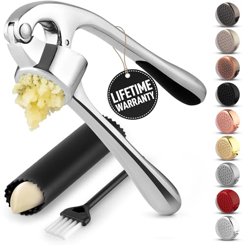 Zulay Kitchen Premium Garlic Press Set - Rust Proof Professional Garlic Mincer Tool - Easy-Squeeze, Easy-Clean with Soft, Ergonomic Handle - Silicone Garlic Peeler & Brush (Chrome)