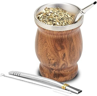 balibetov Mate Argentino - Kit Vaso para Mate de Doble Pared de Acero Inoxidable, Dos Bombillas y cepillo para Limpiar la Bombilla, resistente y elegante (Madera)