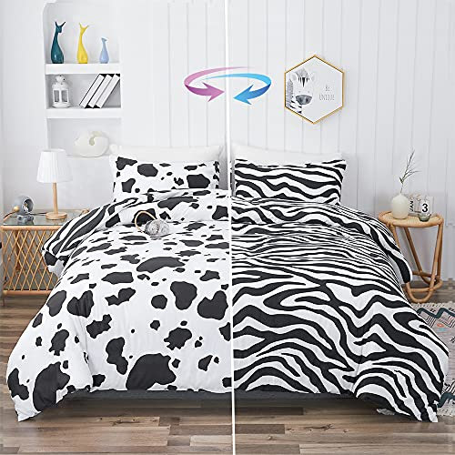 Oduo Juego de Ropa de Cama Reversible, Blanco y Negro, Funda Nórdica con Patrón de Cebra Vacas, Microfibra Comodo Funda de Edredón Suave con Cremallera y Funda de Almohada (135x200cm-2pcs)