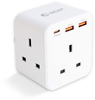 Unidapt 3 Way Plug Adaptor with 3 Fast Charge Ports, Multi Plug Extension with PD 20W USB-C and 2 USB-A QC 3.0, 13A UK Plug Extender Socket, Triple Plug Adapter, Wall Power Cube for Home Office