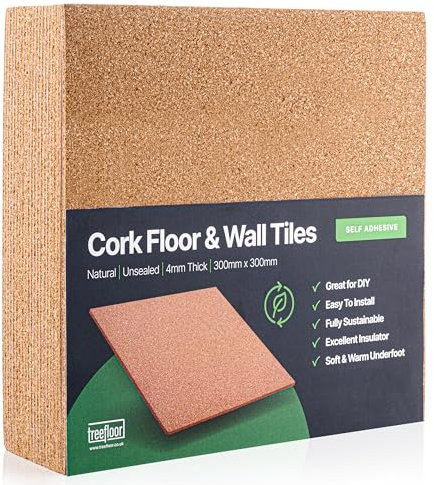 Treefloor Piastrelle autoadesive in sughero naturale, 300 x 300 x 4 mm, confezione da 20