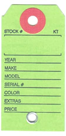 Paper Key Tag for Car with Hang Ring, 1-3/8 x 2-3/4, Printed in Black on Lt Green Stock, Fiber Reinforced Key Ring Hole - Box of 1,000