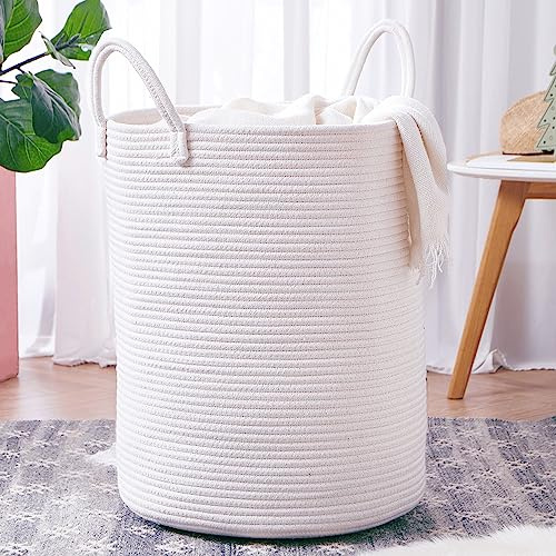 MOJOSCEND 60L Pure White Woven Hamper Laundry Basket Cotton Rope Blanket Basket for Living Room 15Dx20H inches Tall Clothes Hamper for Baby Nursery Kids in Bedroom