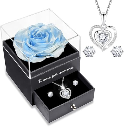 Yamonic Rosa Eterna Regalos Originales para Mujer,Rosa Eterna Natural Preservada con Collar y Pendientes de Plata de Ley 925,Flore Preservada Regalo Navidad San Valentin Dia de la Madre Cumpleaños