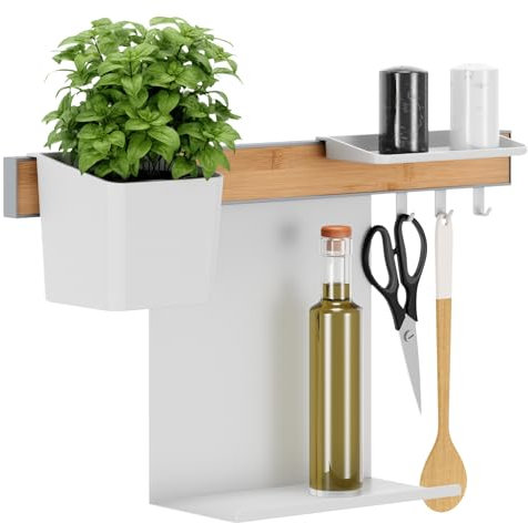 tesa Kitchen Organiser Combo Set S - Self-Adhesive Kitchen Rail System with Herb Pot, 2 Shelves, and Hook Rail with 3 Hooks - Wall Mount Without Drilling - Bamboo/White