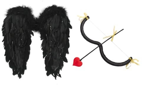 Freebily Amor Kostüm Accessoires mit Pfeil Bogen Federflügel Weihnachten Engels Flügel Amor Cosplay Valentinstag-Zubehör Kostümparty Weihnachten Karneval Schwarz One Size
