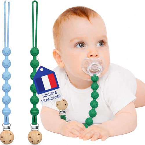 Attache Tetine ( 2 Couleurs ) Attache Sucette [Société Française] | Accroche Tétine Bebe - Cordon En Silicone de Haute Qualité Testé & Approuvé (Bleu/Vert)