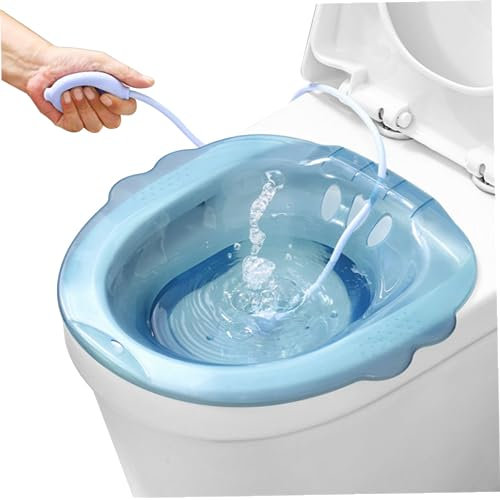 Sitz Bath, Anti-Overflow Sitz Bath for Toilet, Portable Over The Toilet Sitz Bath for Hemorrhoids, Sitz Bath Postpartum for Hemorrhoids Private Care(Blue, with Flusher)