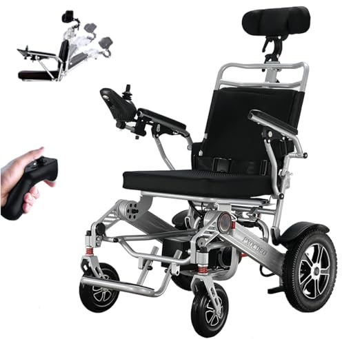 PXOCDEO Sedia A Rotelle Elettrica Pieghevole Leggera, Carrozzina elettrica con Telecomando e poggiatesta, Schienale Regolabile, per Anziani e disabili, 25+ KM Distanza di Guida