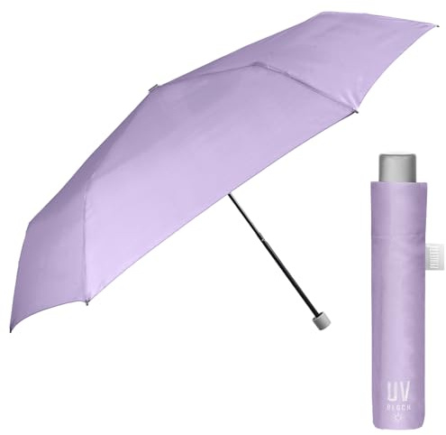 PERLETTI Paraguas para el Sol Plegable Extra Compacto - Paraguas con Filtro Solar Mujer Hombre Antiviento Pequeño - Sombrilla Anti UV y Lluvia Súper Slim Manual de Viaje - Diámetro 91 cm (Lila)