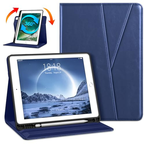 DTTO Custodia rotante per iPad 6a/5a generazione da 9,7 2018/2017, iPad Air 2/Air 1, girevole a 360 gradi, in pelle di alta qualità, con supporto per matite, accensione e spegnimento automatico, blu
