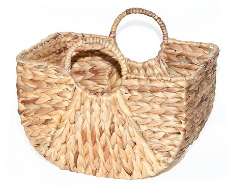 Wickerfield Water Hyacinth Woven Storage Blanket Basket for Shelves Wicker Gift Hamper with Round Handles Kitchen Bathroom Organizer (Small)