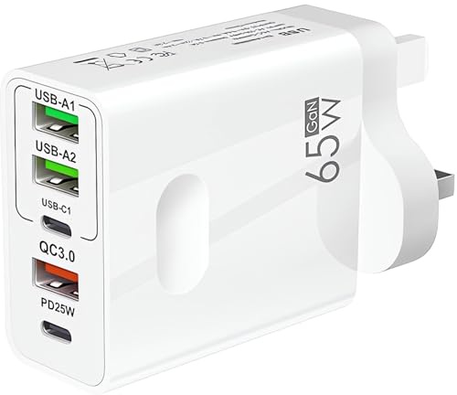 USB C Plug Fast Charge, 5-Port 65W Multi USB Plug UK Fast Charger Plug USBC Power Adapter+QC Wall Charger Head Type C Charging Plug Compatible with iPhone 17 16 15 14 13 12 11 Pro Max,Samsung